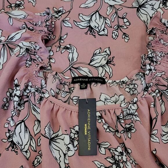Adrienne Vittadini Rose Floral 3/4 Puffy Sleeve Ruffle Shoulder Chiffon Blouse - Picture 5 of 8